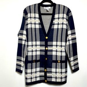 Vintage Evan Picone Black Beige Gold Metallic Large Houndstooth Long Cardigan